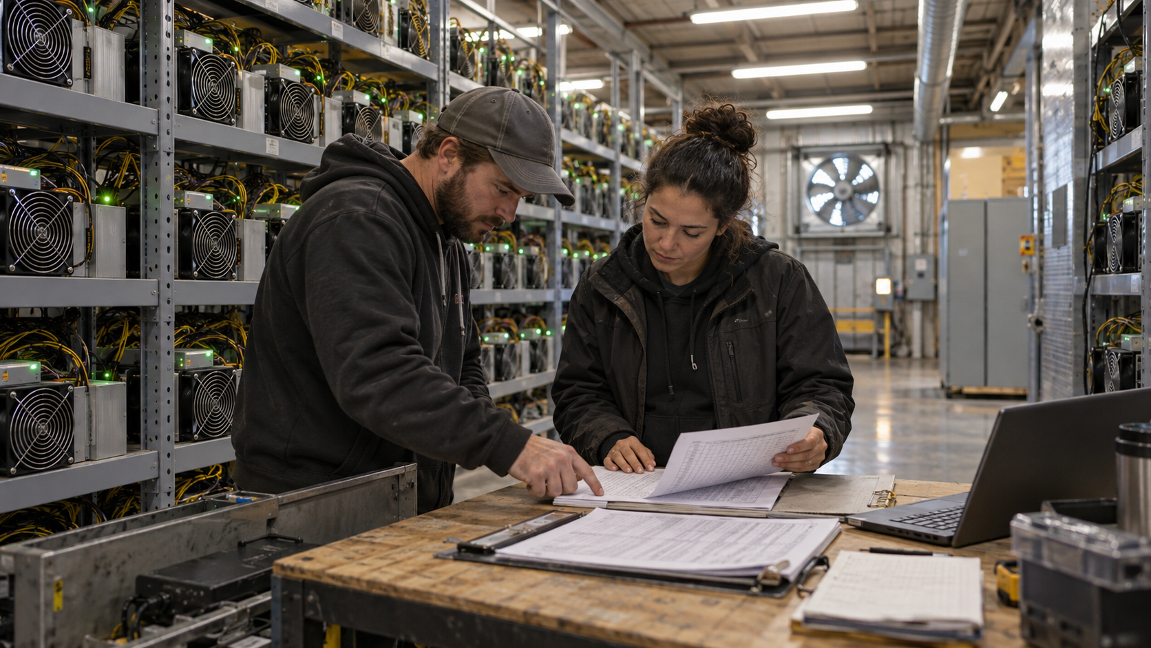 Mining operations colleagues reviewing shift and payout records beside ASIC miners