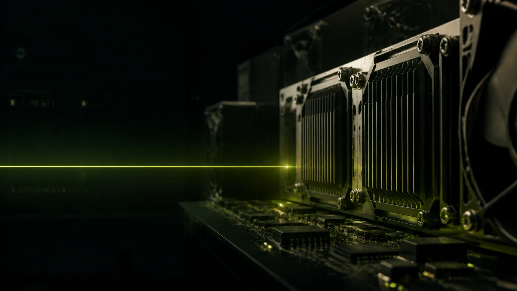 Dark industrial close-up of ASIC miner heatsinks and circuit board with a lime status scan line